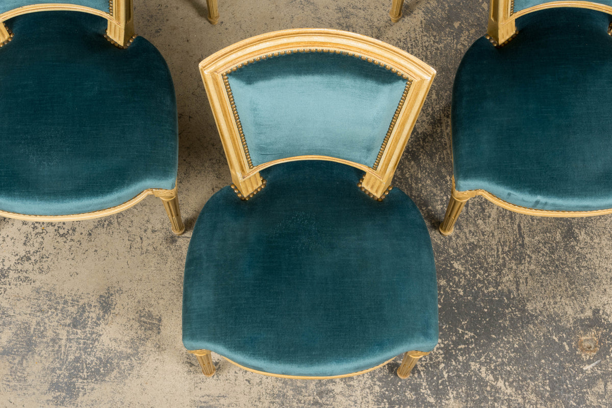 Antique French Louis XVI Style Painted Dining Chairs in Blue Velvet - Set of 6