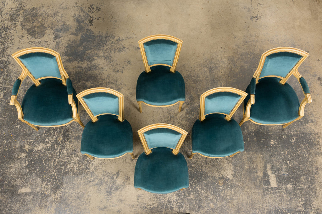 Antique French Louis XVI Style Painted Dining Chairs in Blue Velvet - Set of 6