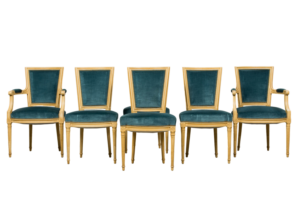 Antique French Louis XVI Style Painted Dining Chairs in Blue Velvet - Set of 6