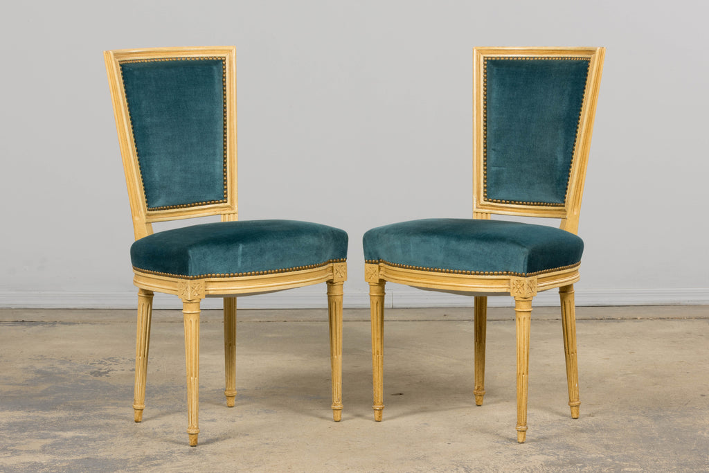 Antique French Louis XVI Style Painted Dining Chairs in Blue Velvet - Set of 6