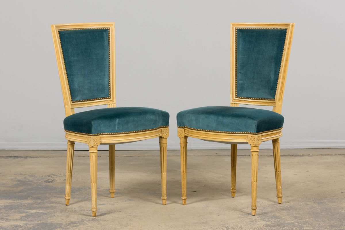 Antique French Louis XVI Style Painted Dining Chairs in Blue Velvet - Set of 6