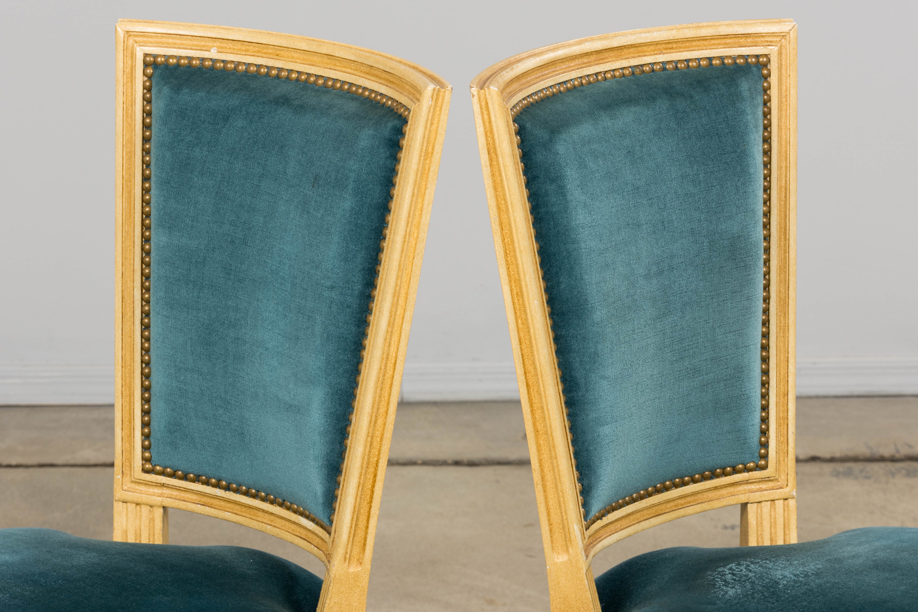 Antique French Louis XVI Style Painted Dining Chairs in Blue Velvet - Set of 6