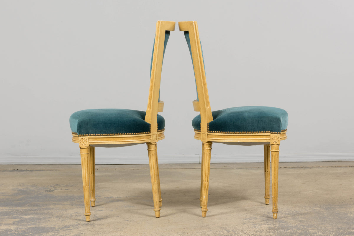 Antique French Louis XVI Style Painted Dining Chairs in Blue Velvet - Set of 6