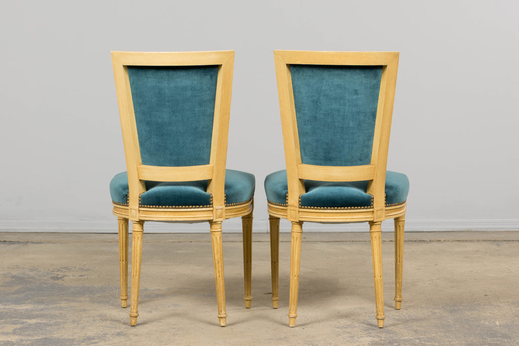 Antique French Louis XVI Style Painted Dining Chairs in Blue Velvet - Set of 6