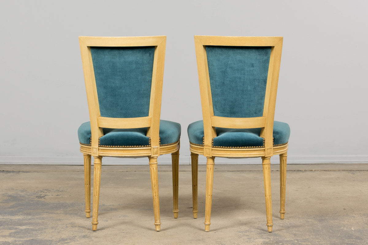 Antique French Louis XVI Style Painted Dining Chairs in Blue Velvet - Set of 6
