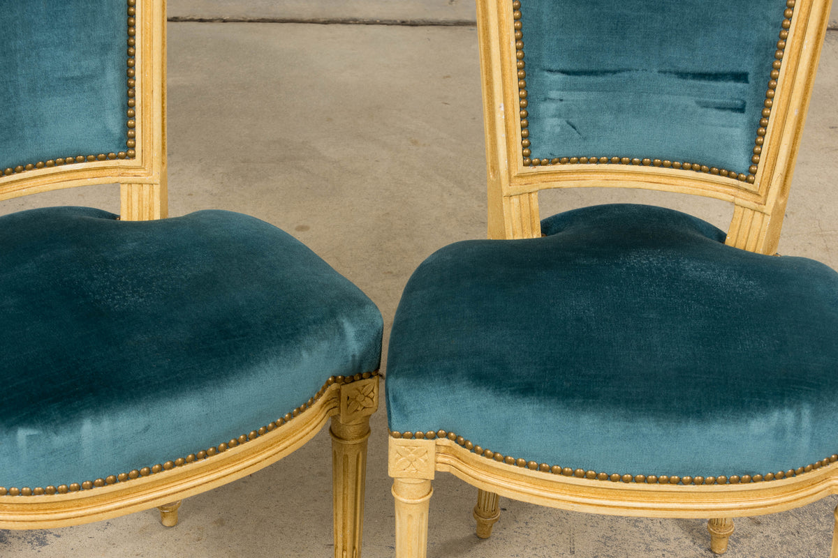 Antique French Louis XVI Style Painted Dining Chairs in Blue Velvet - Set of 6