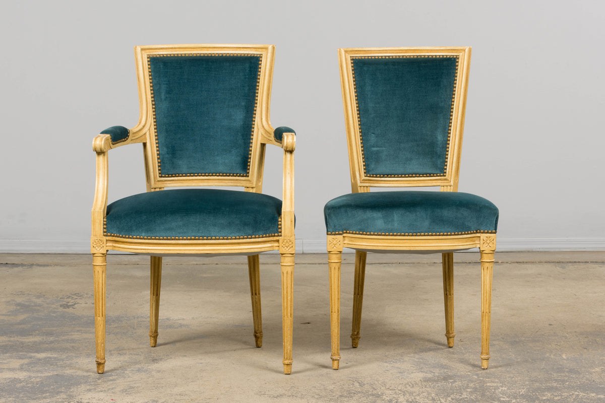 Antique French Louis XVI Style Painted Dining Chairs in Blue Velvet - Set of 6