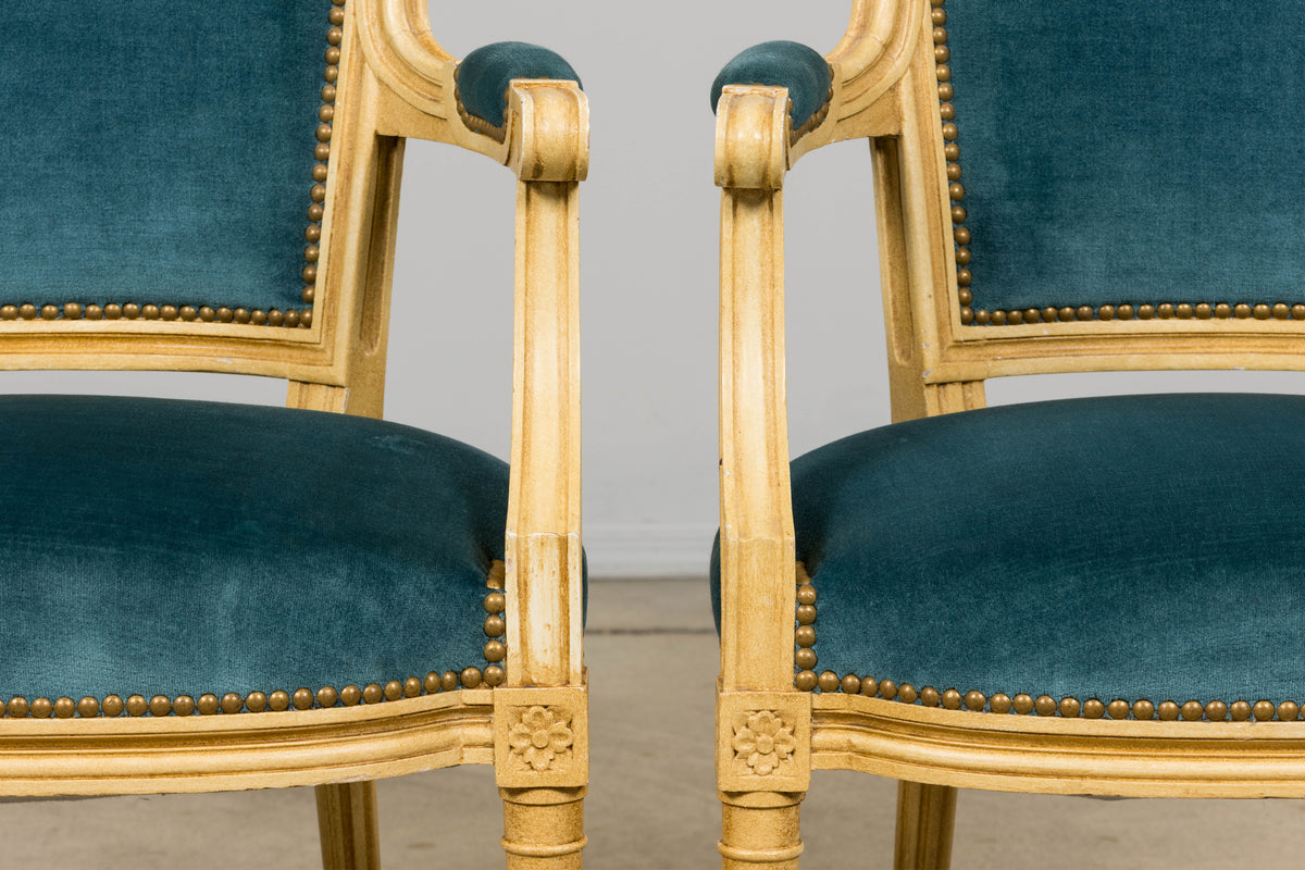 Antique French Louis XVI Style Painted Dining Chairs in Blue Velvet - Set of 6