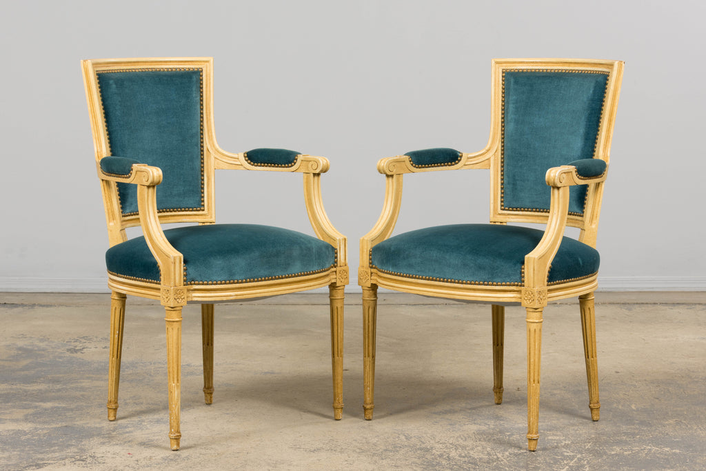 Antique French Louis XVI Style Painted Dining Chairs in Blue Velvet - Set of 6