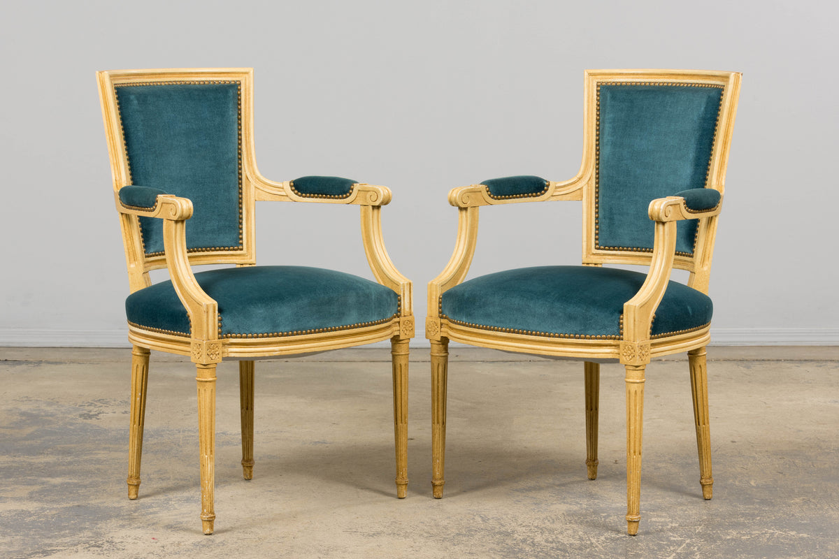 Antique French Louis XVI Style Painted Dining Chairs in Blue Velvet - Set of 6