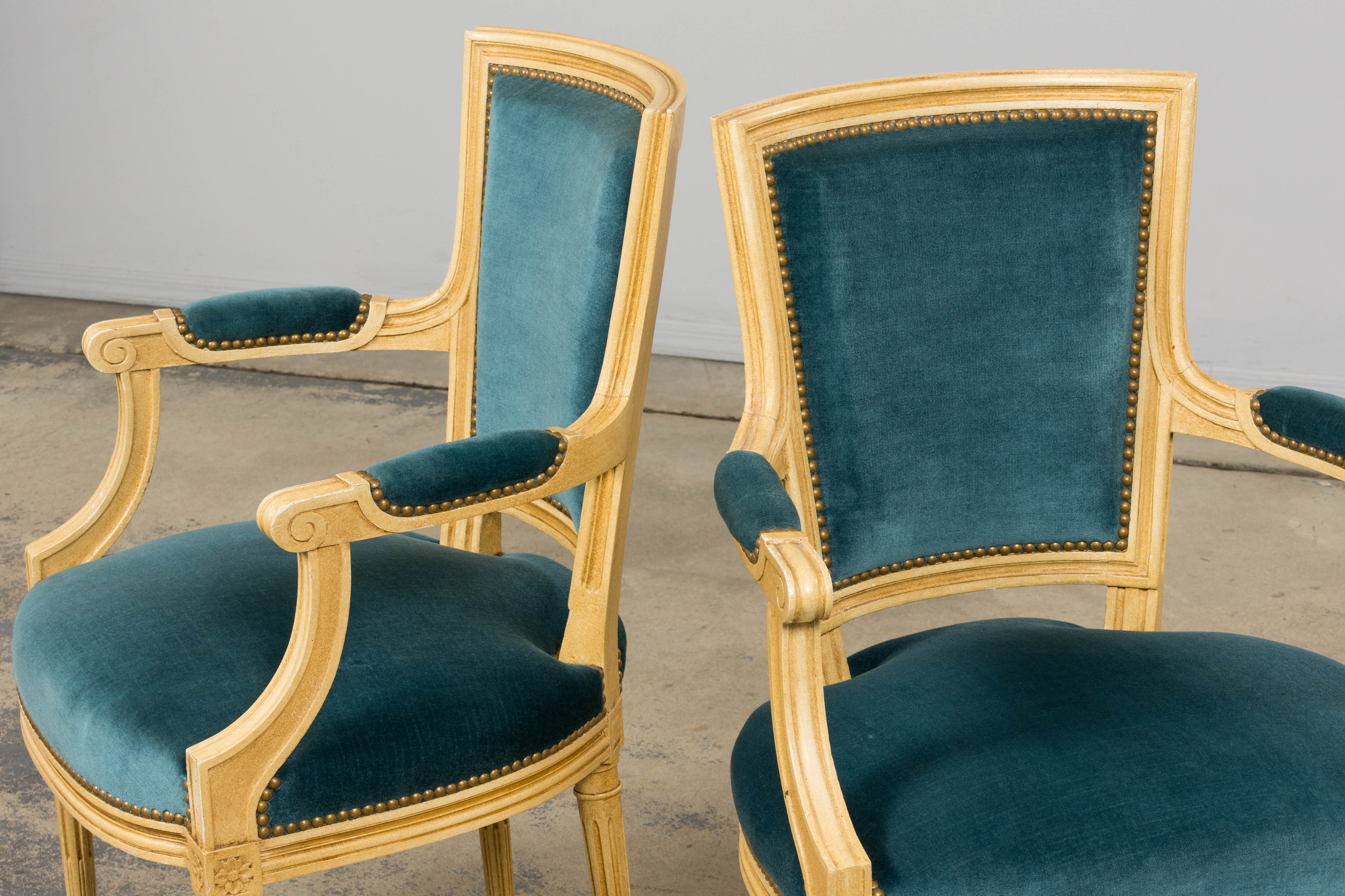 Antique French Louis XVI Style Painted Dining Chairs in Blue Velvet - Set of 6