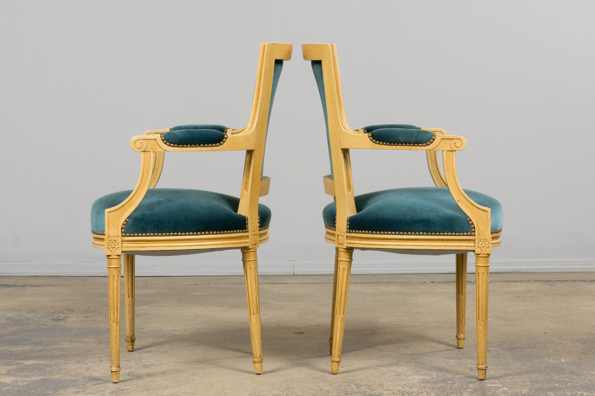 Antique French Louis XVI Style Painted Dining Chairs in Blue Velvet - Set of 6