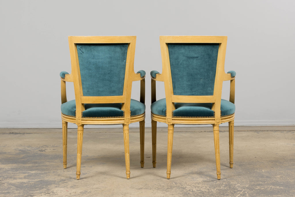Antique French Louis XVI Style Painted Dining Chairs in Blue Velvet - Set of 6