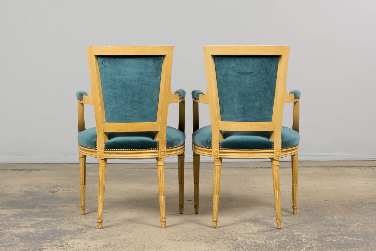 Antique French Louis XVI Style Painted Dining Chairs in Blue Velvet - Set of 6
