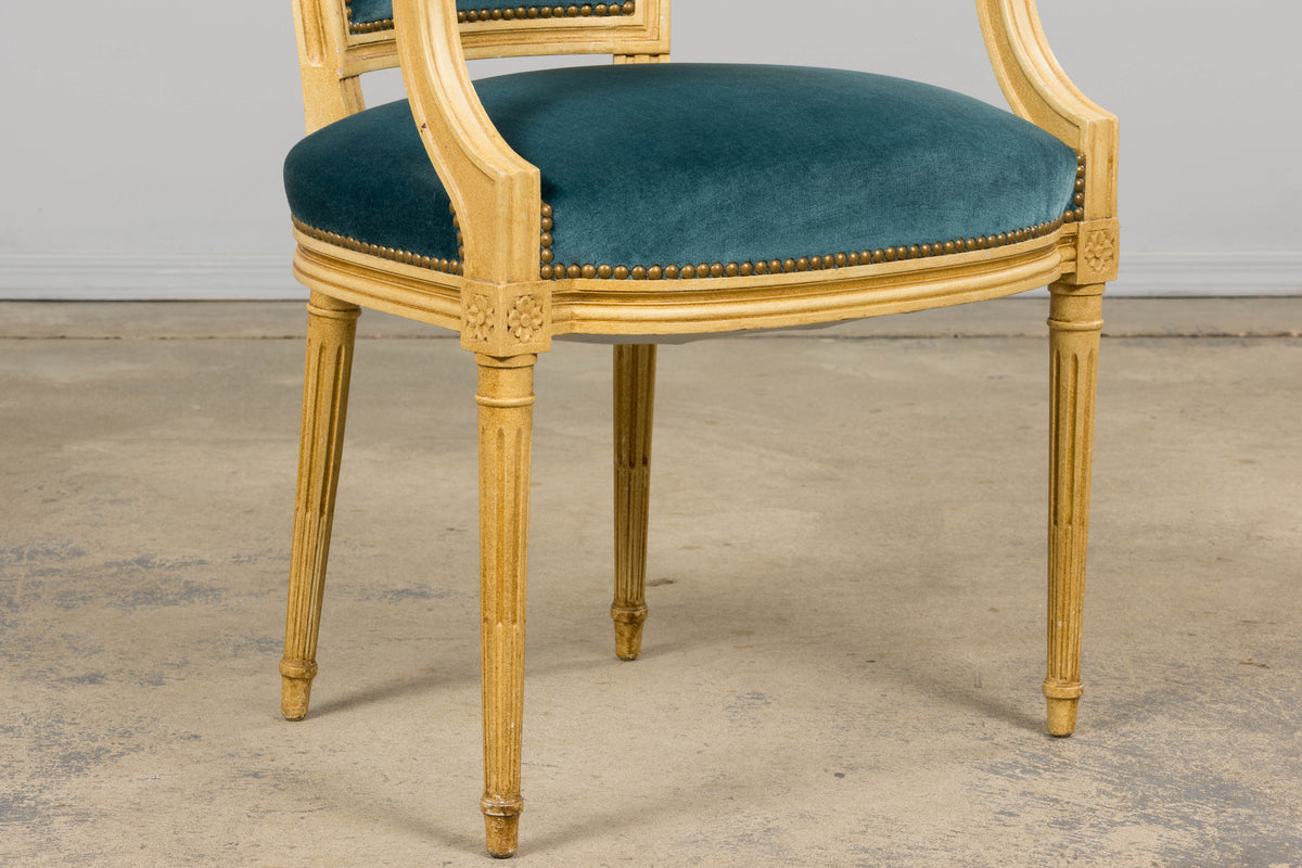 Antique French Louis XVI Style Painted Dining Chairs in Blue Velvet - Set of 6