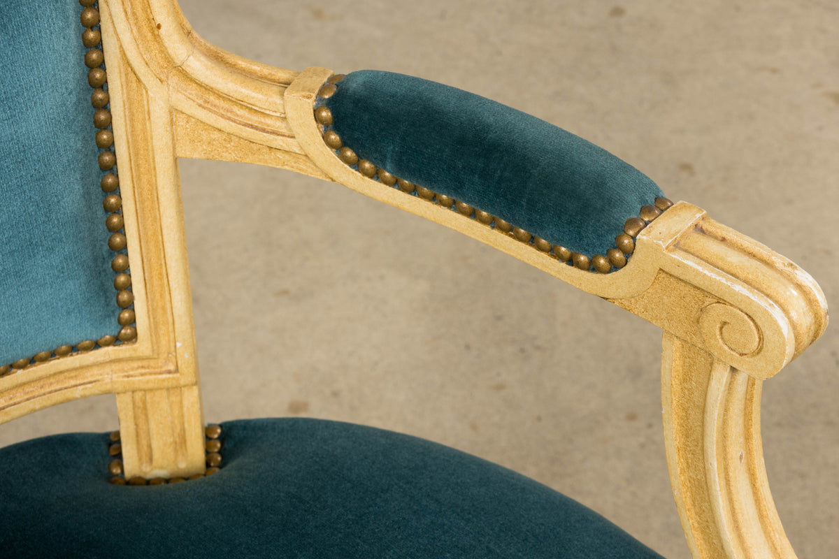 Antique French Louis XVI Style Painted Dining Chairs in Blue Velvet - Set of 6