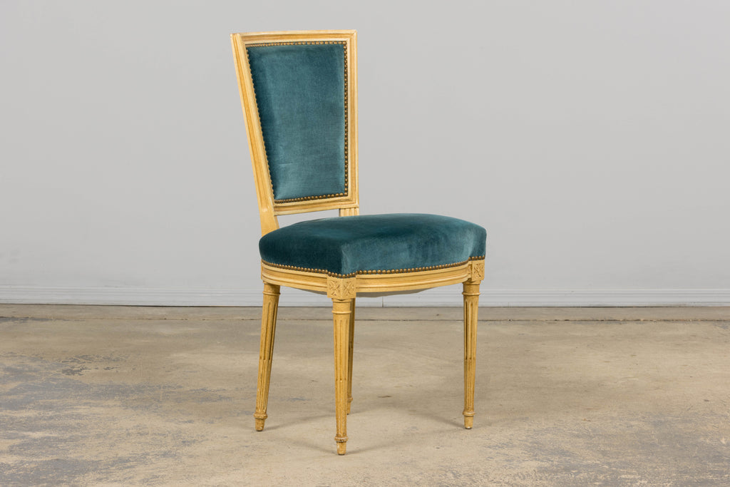 Antique French Louis XVI Style Painted Dining Chairs in Blue Velvet - Set of 6