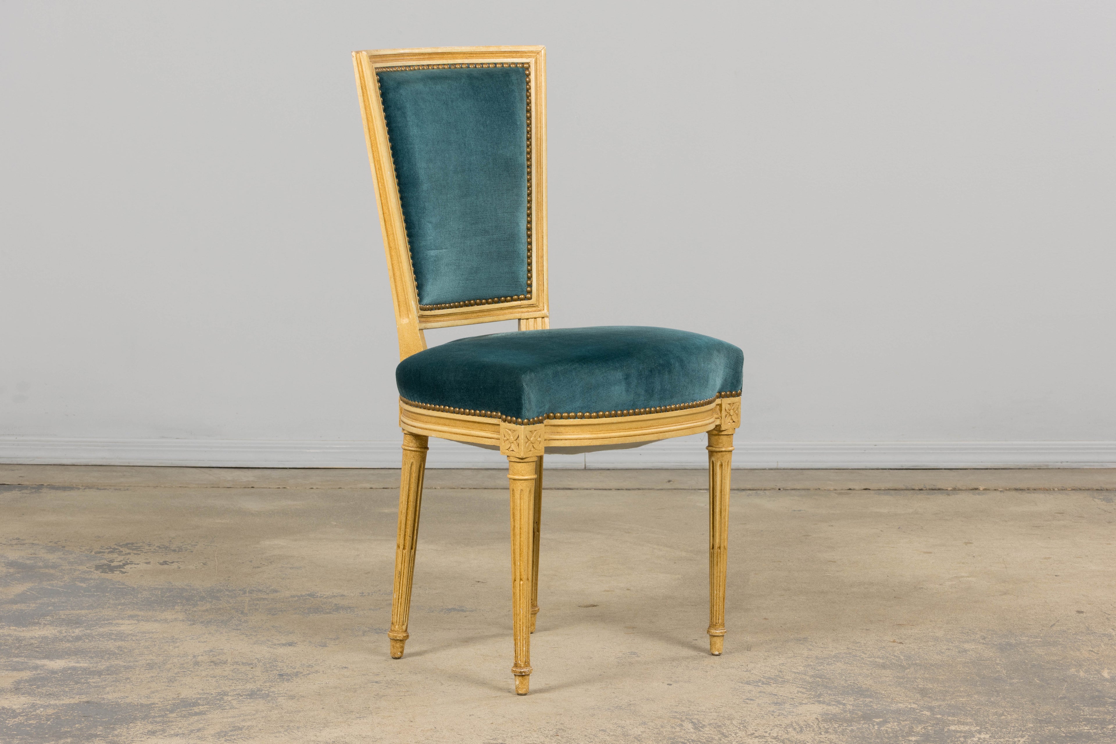 Antique French Louis XVI Style Painted Dining Chairs in Blue Velvet - Set of 6