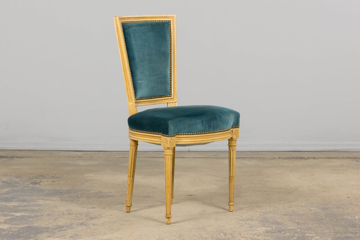 Antique French Louis XVI Style Painted Dining Chairs in Blue Velvet - Set of 6