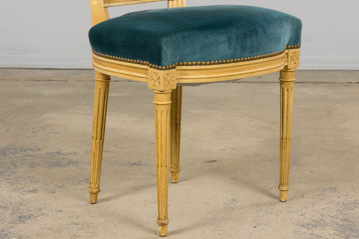 Antique French Louis XVI Style Painted Dining Chairs in Blue Velvet - Set of 6