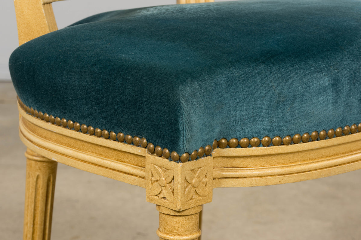Antique French Louis XVI Style Painted Dining Chairs in Blue Velvet - Set of 6