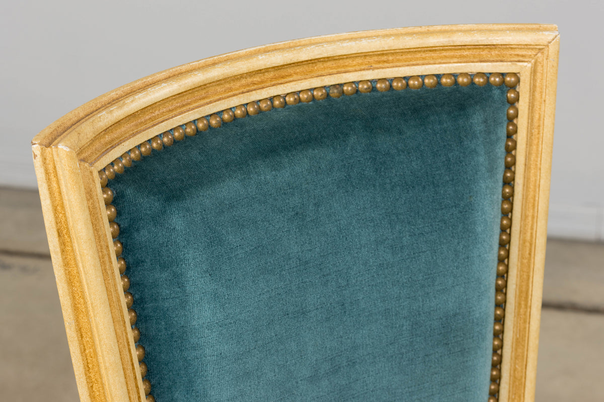 Antique French Louis XVI Style Painted Dining Chairs in Blue Velvet - Set of 6