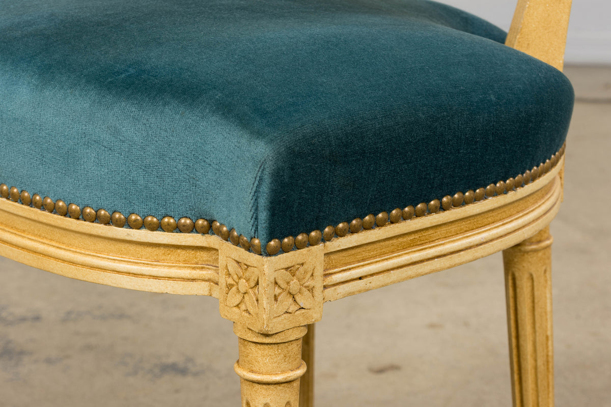 Antique French Louis XVI Style Painted Dining Chairs in Blue Velvet - Set of 6
