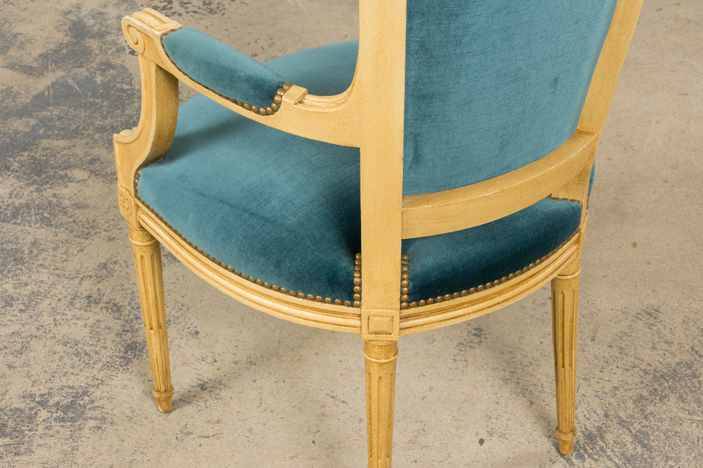 Antique French Louis XVI Style Painted Dining Chairs in Blue Velvet - Set of 6