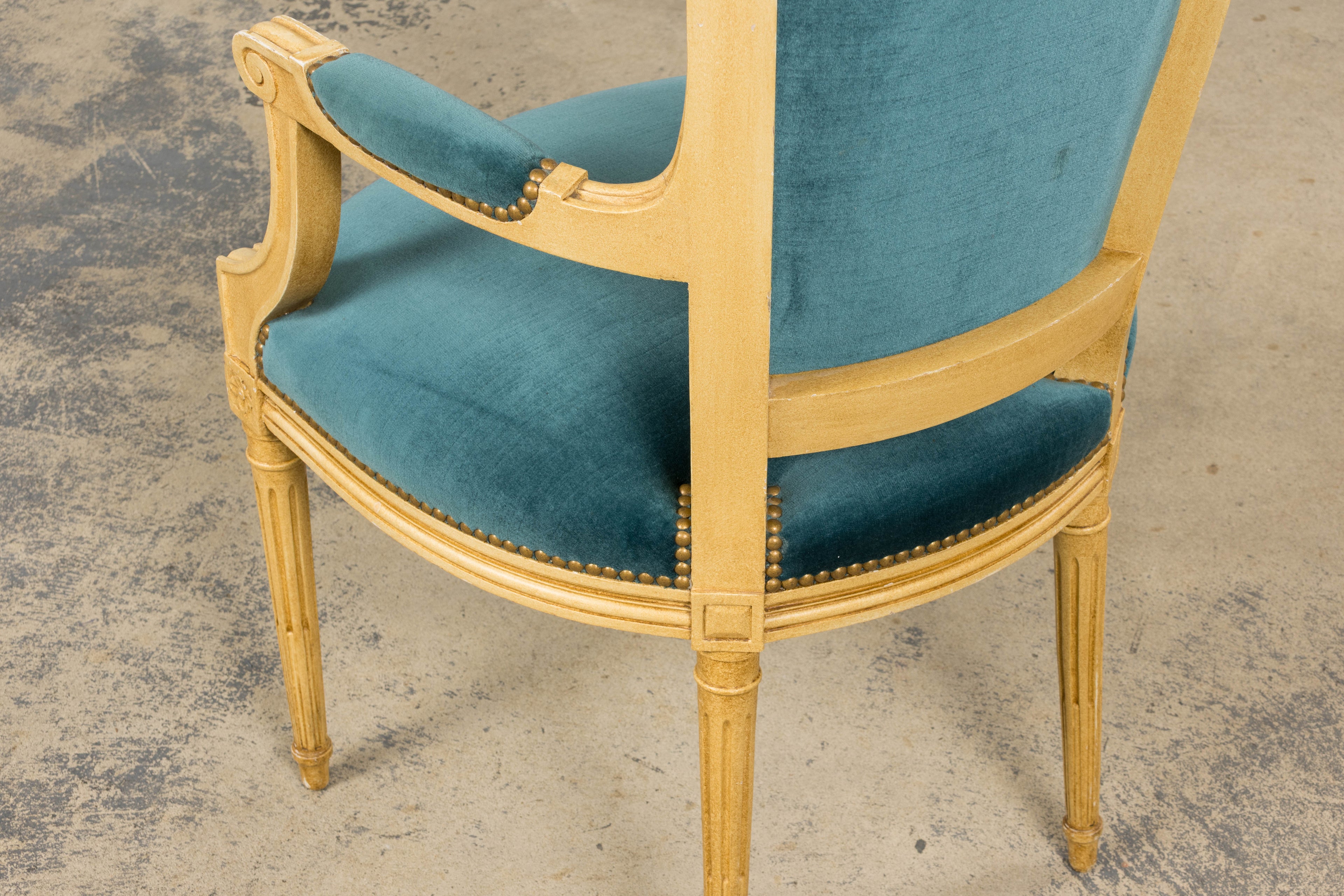 Antique French Louis XVI Style Painted Dining Chairs in Blue Velvet - Set of 6