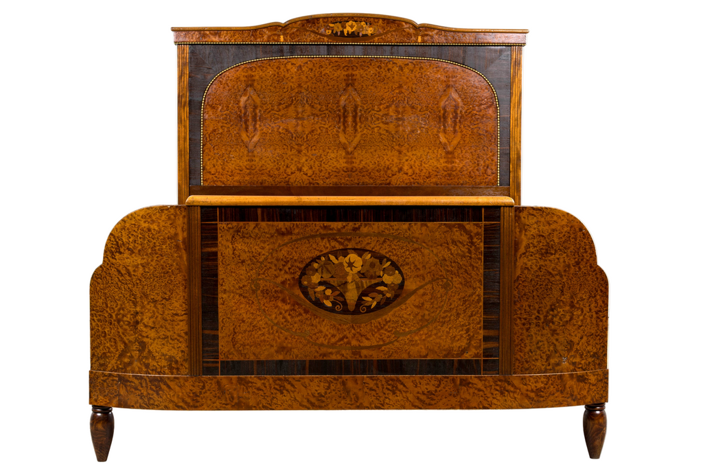 1920s French Art Deco Burl Walnut Full Size Bed Frame