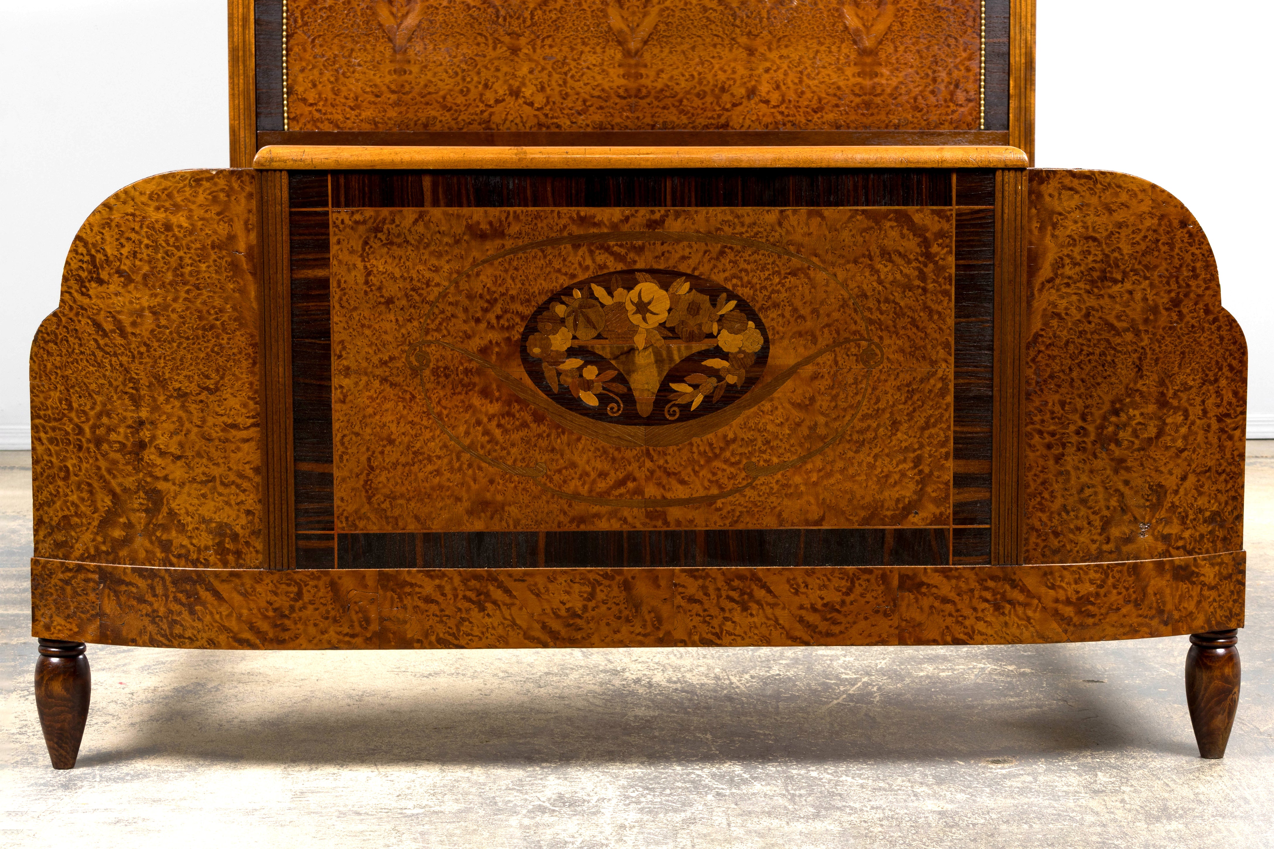 1920s French Art Deco Burl Walnut Full Size Bed Frame