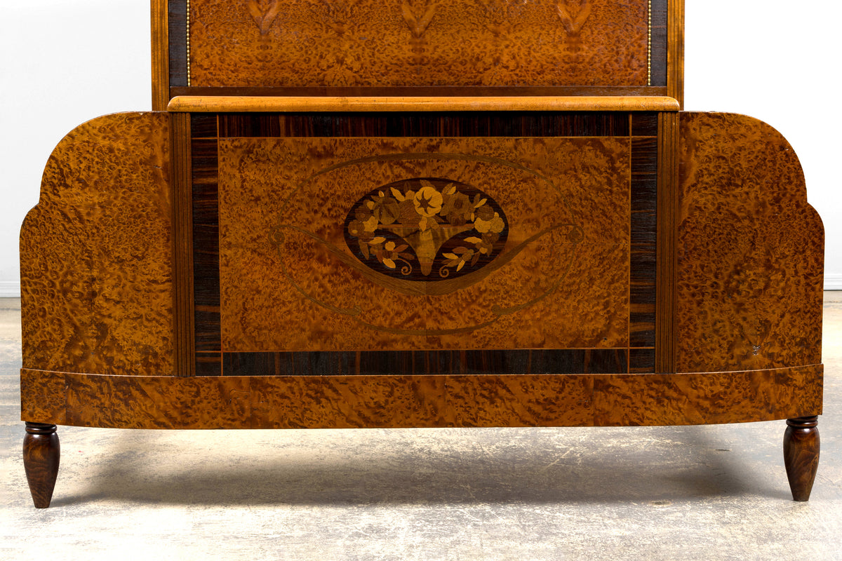 1920s French Art Deco Burl Walnut Full Size Bed Frame