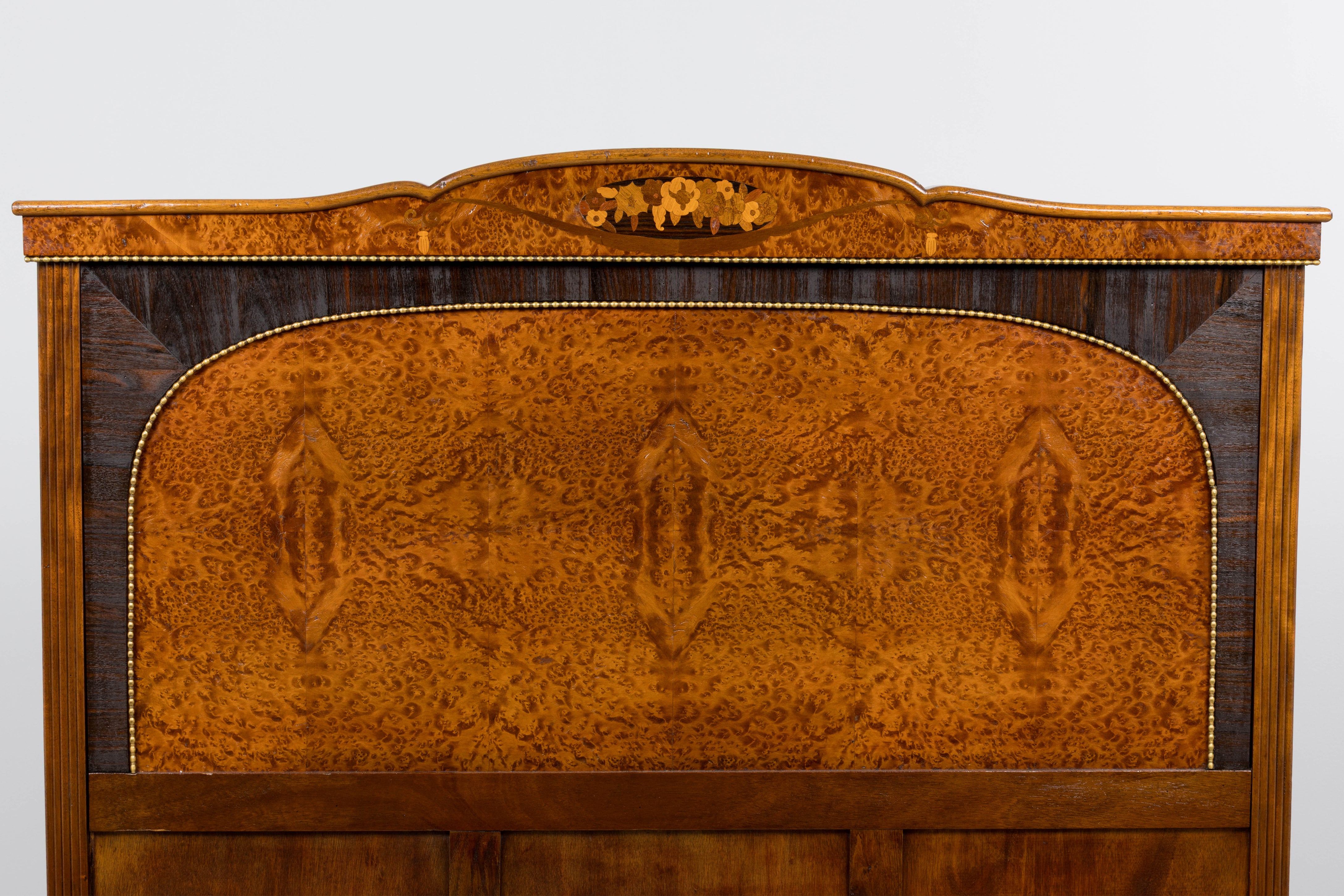 1920s French Art Deco Burl Walnut Full Size Bed Frame