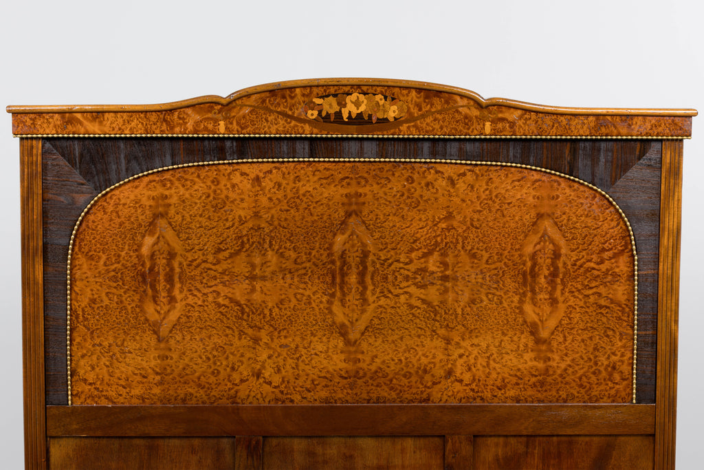 1920s French Art Deco Burl Walnut Full Size Bed Frame