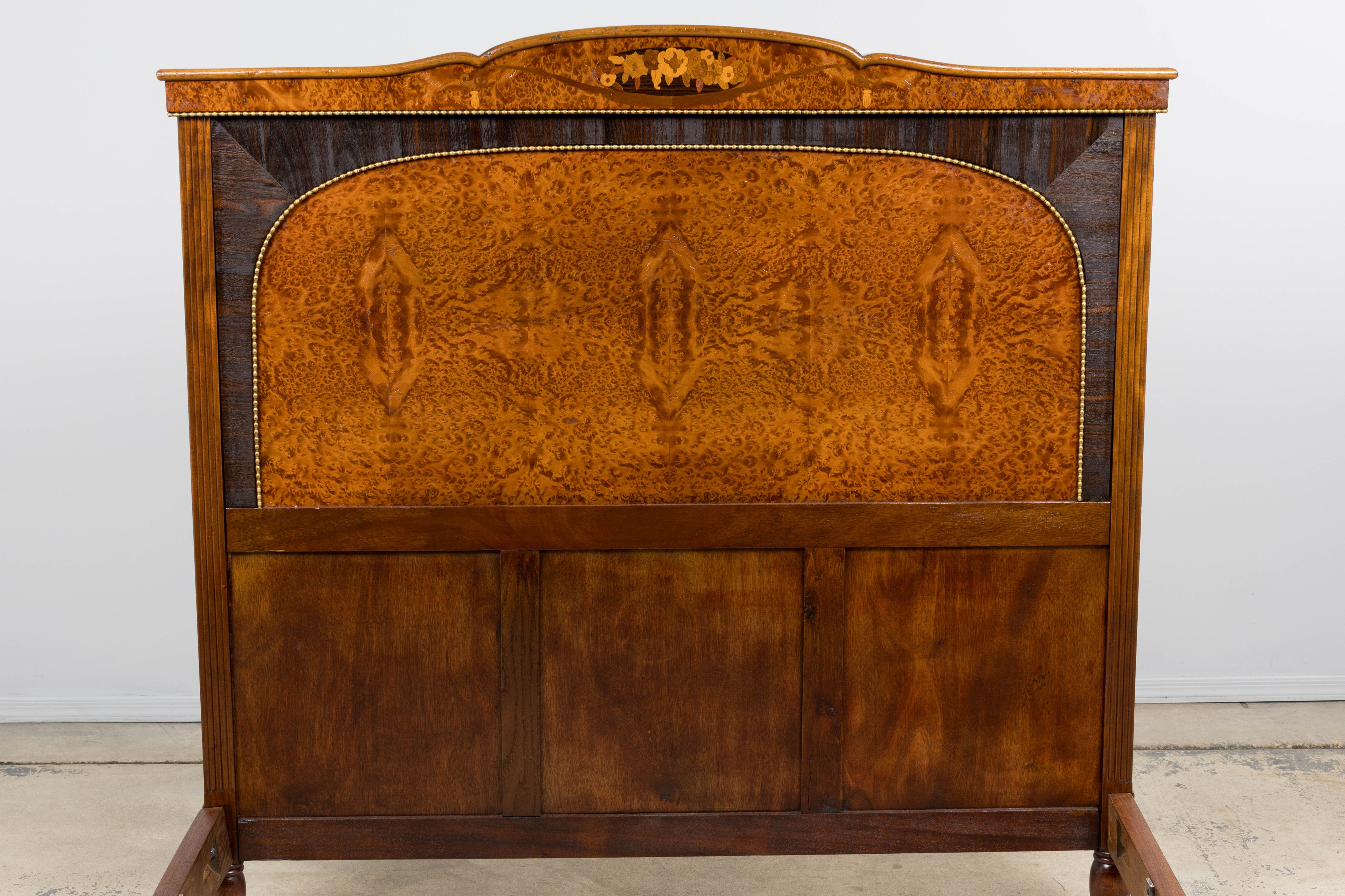 1920s French Art Deco Burl Walnut Full Size Bed Frame