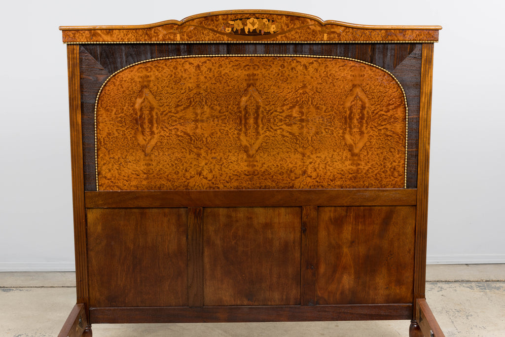 1920s French Art Deco Burl Walnut Full Size Bed Frame