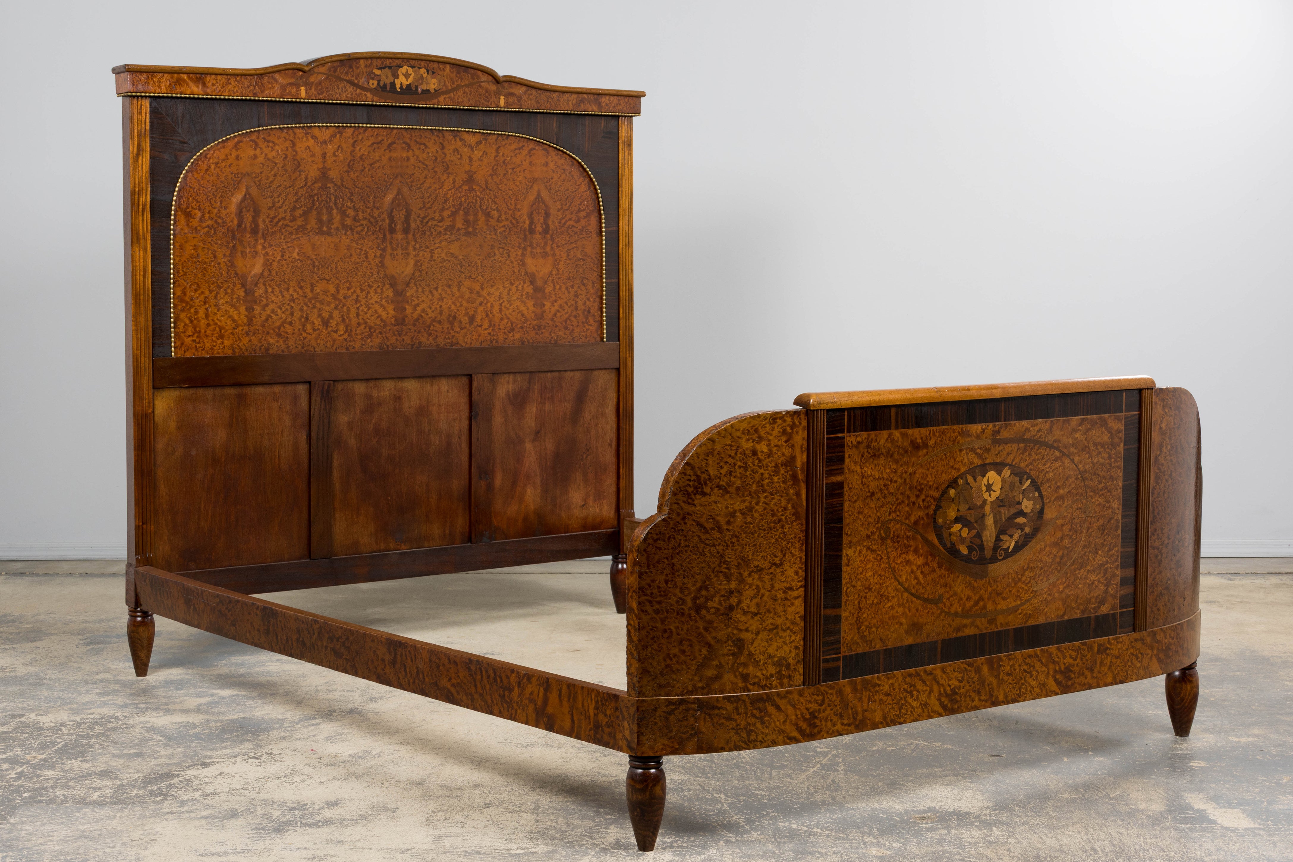 1920s French Art Deco Burl Walnut Full Size Bed Frame
