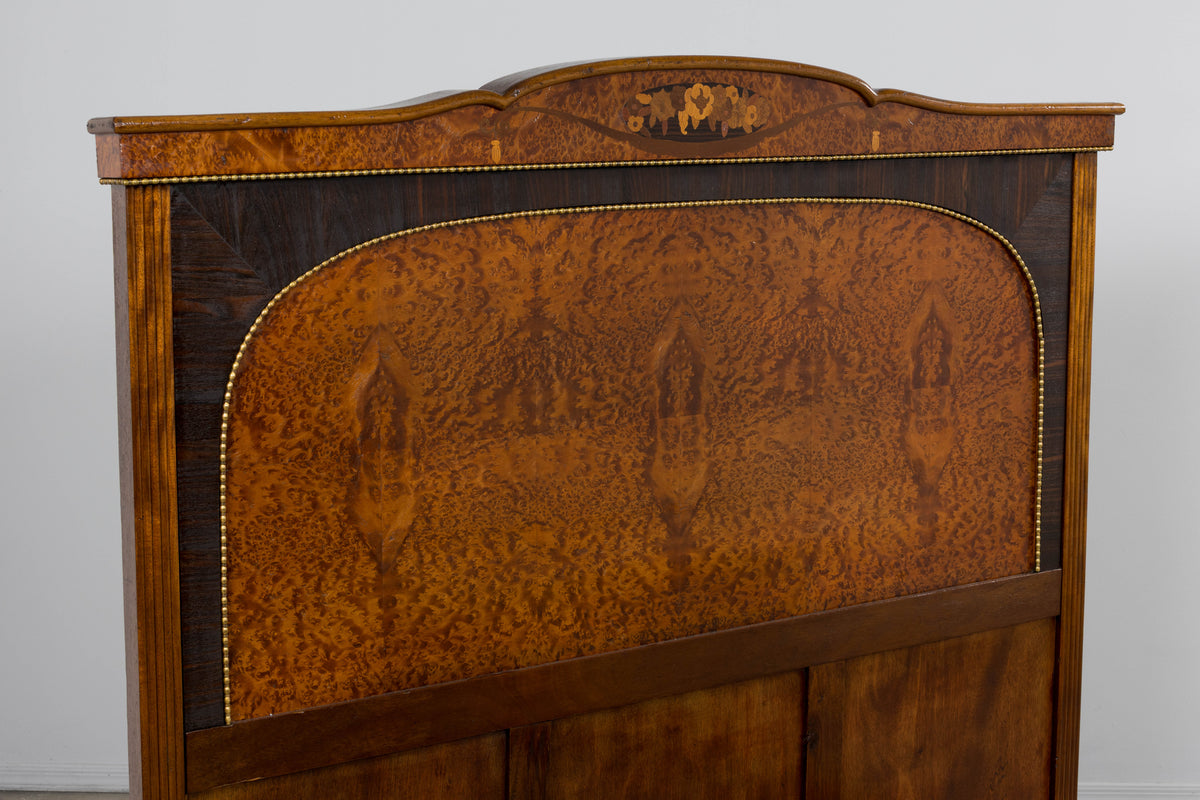 1920s French Art Deco Burl Walnut Full Size Bed Frame
