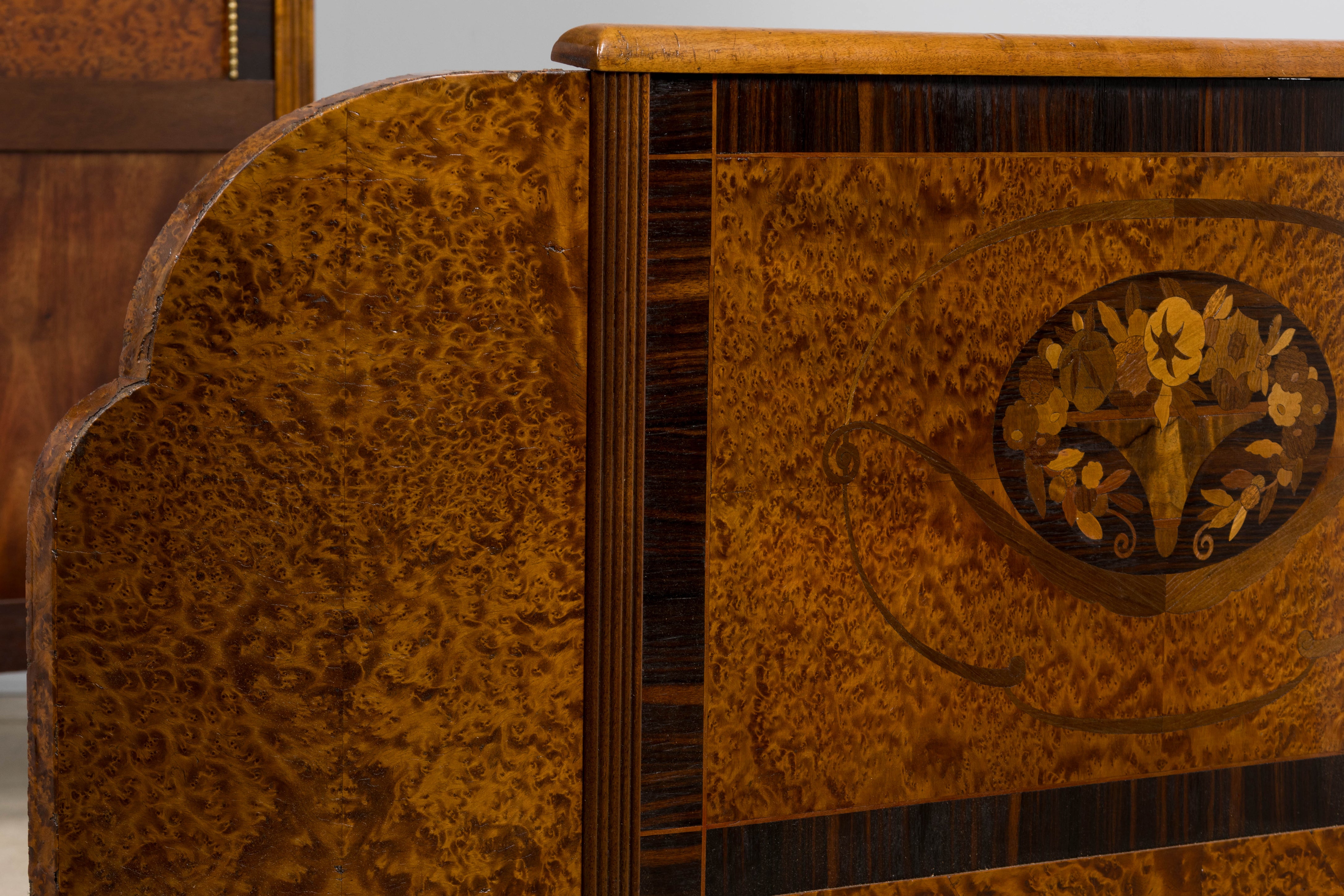1920s French Art Deco Burl Walnut Full Size Bed Frame