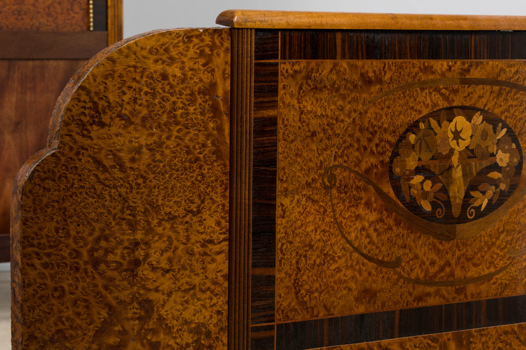 1920s French Art Deco Burl Walnut Full Size Bed Frame