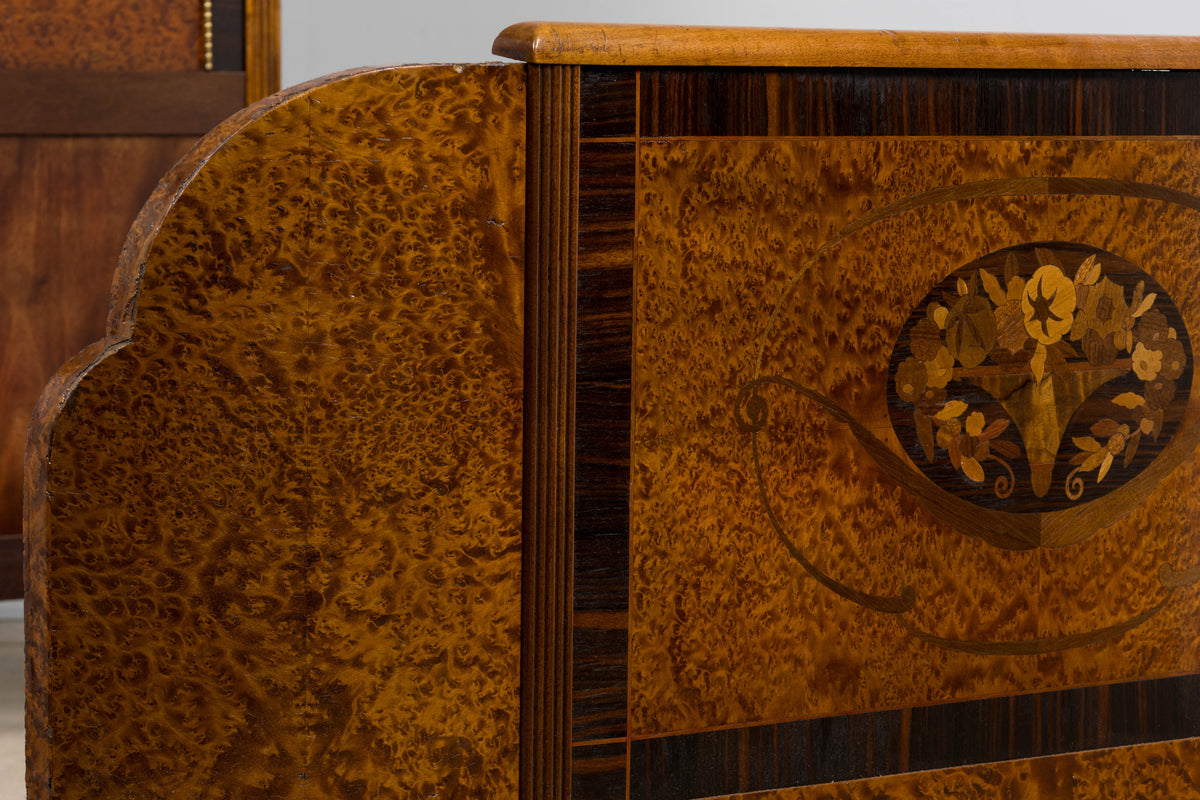 1920s French Art Deco Burl Walnut Full Size Bed Frame