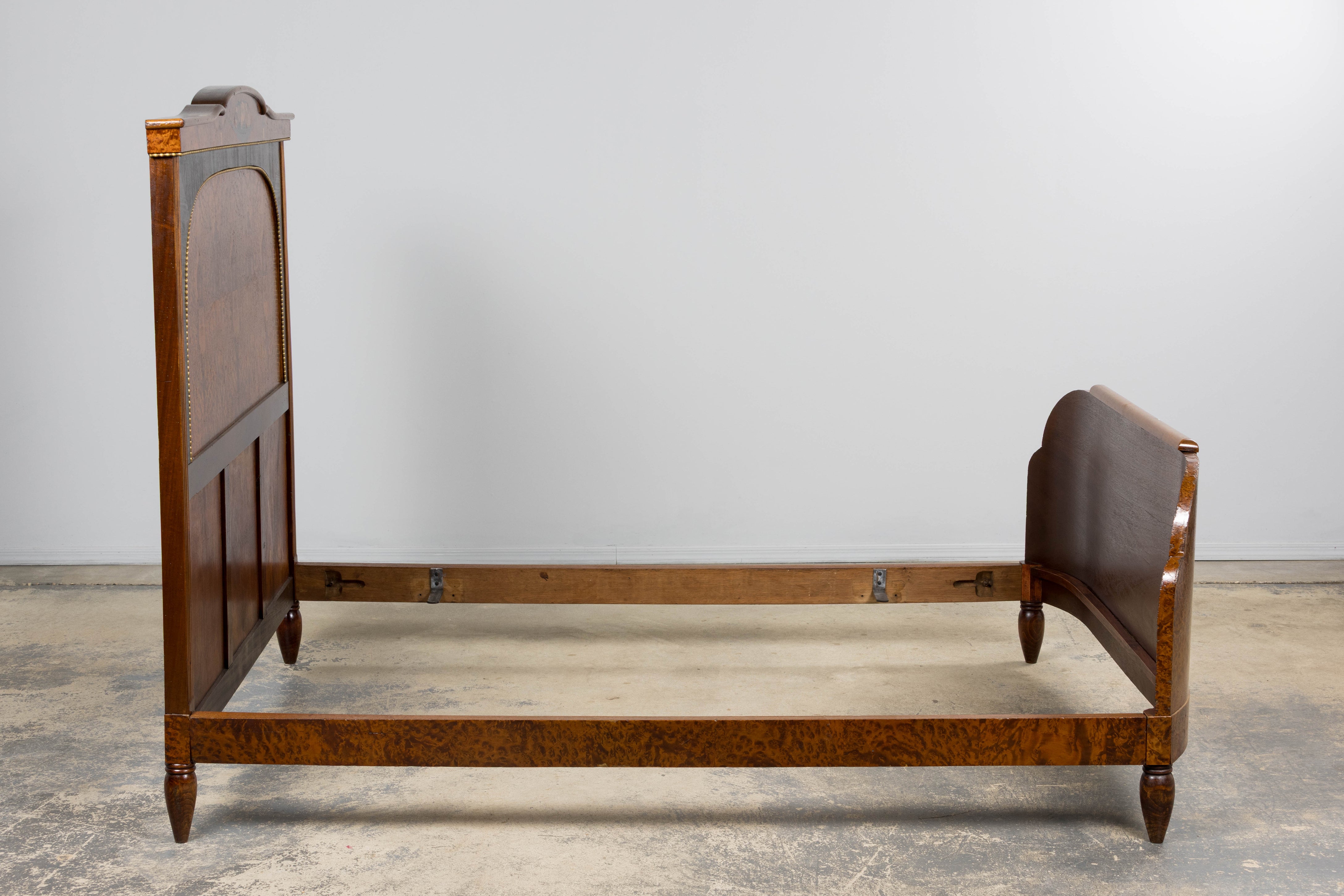 1920s French Art Deco Burl Walnut Full Size Bed Frame