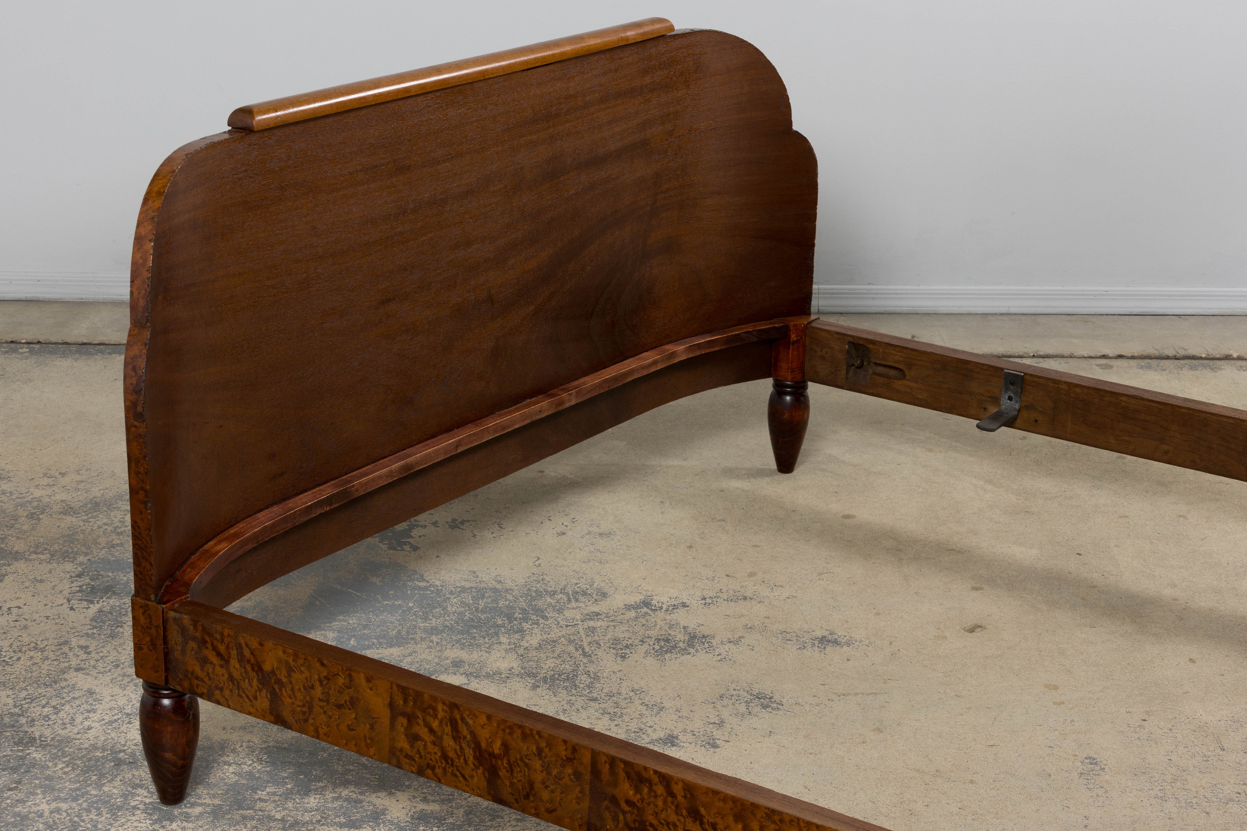1920s French Art Deco Burl Walnut Full Size Bed Frame