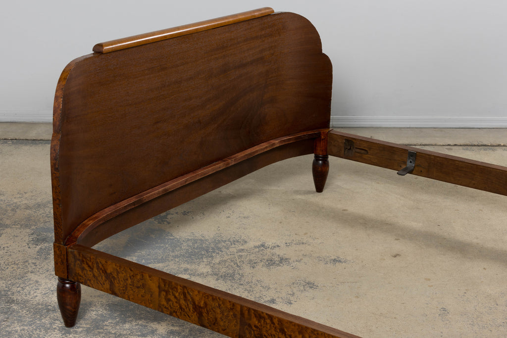 1920s French Art Deco Burl Walnut Full Size Bed Frame