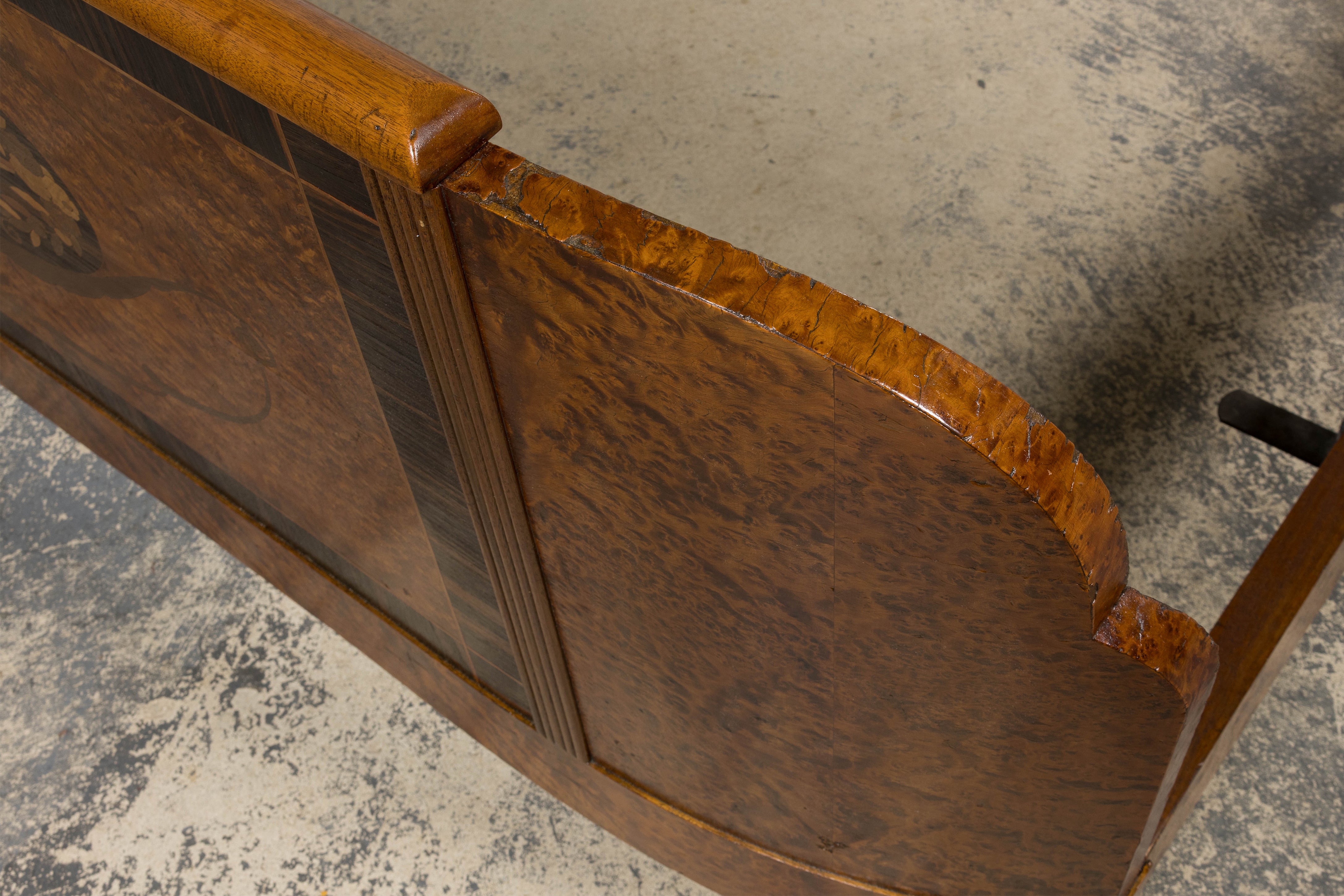 1920s French Art Deco Burl Walnut Full Size Bed Frame