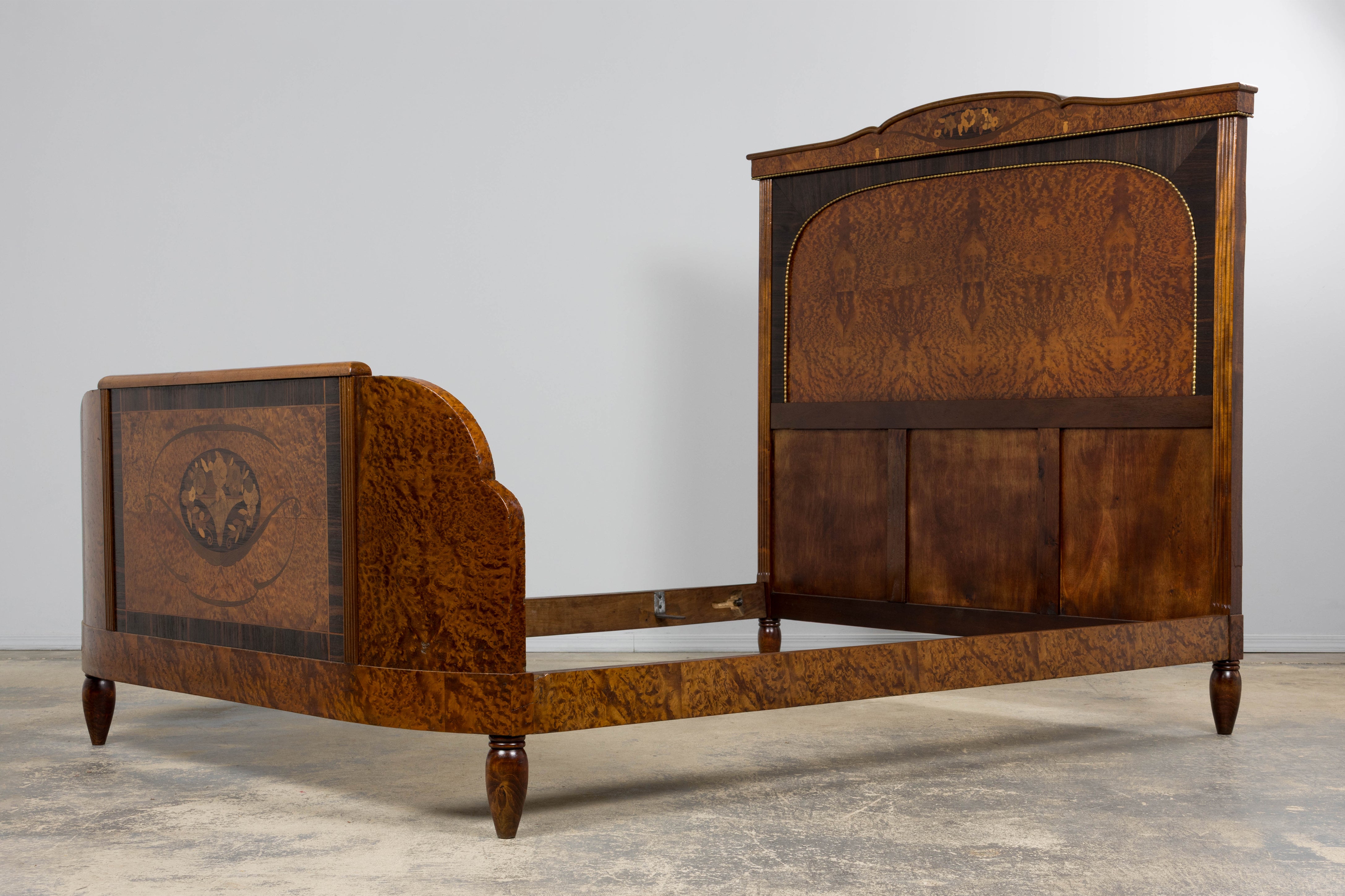 1920s French Art Deco Burl Walnut Full Size Bed Frame