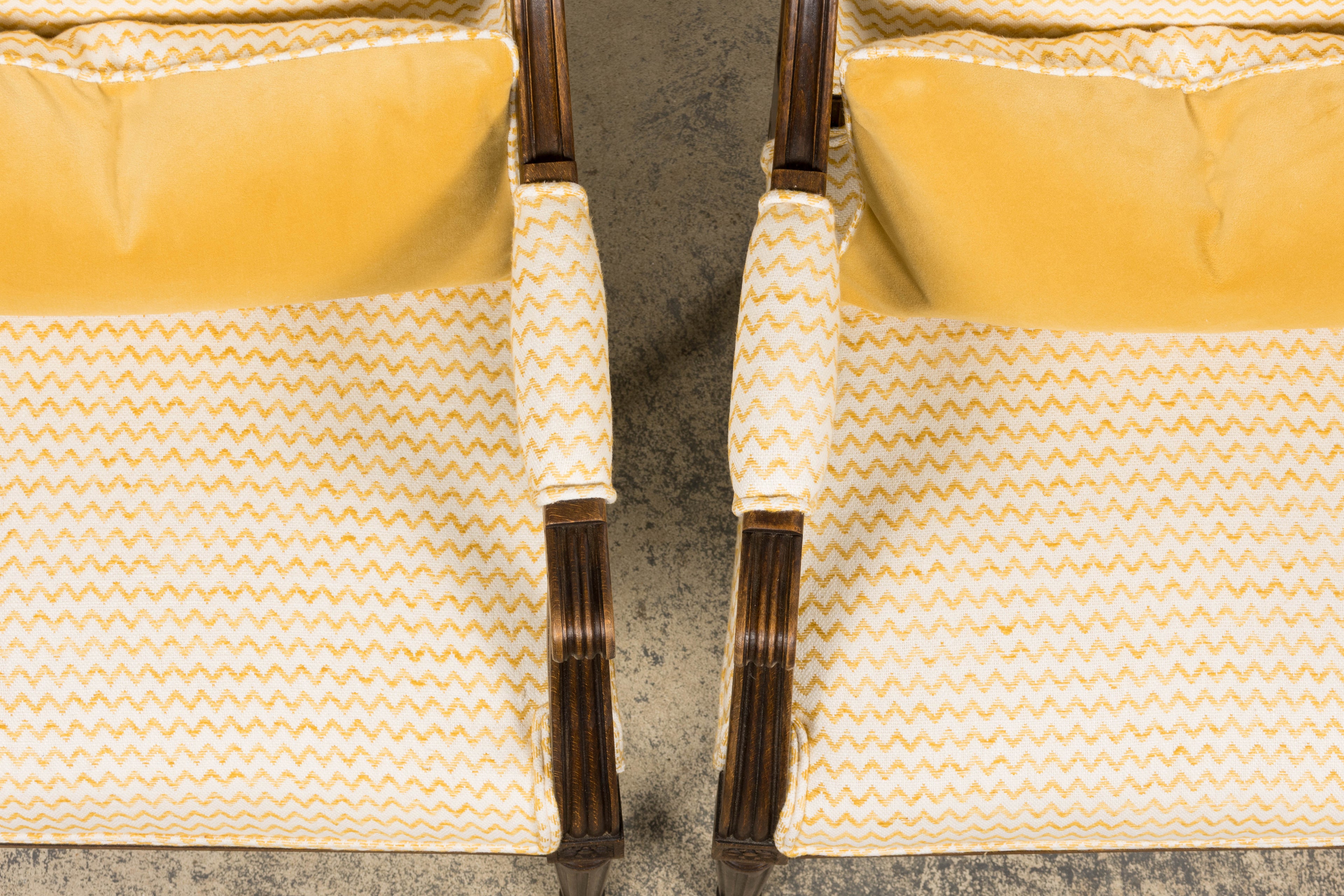 Antique French Louis XVI Style Walnut Armchairs in Yellow Linen - A Pair