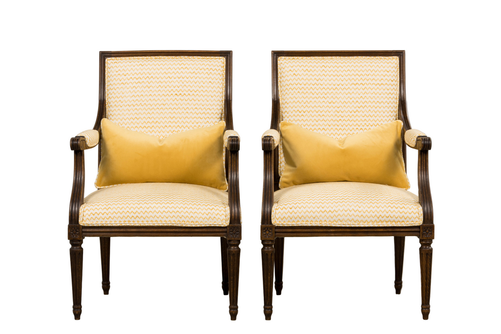 Antique French Louis XVI Style Walnut Armchairs in Yellow Linen - A Pair