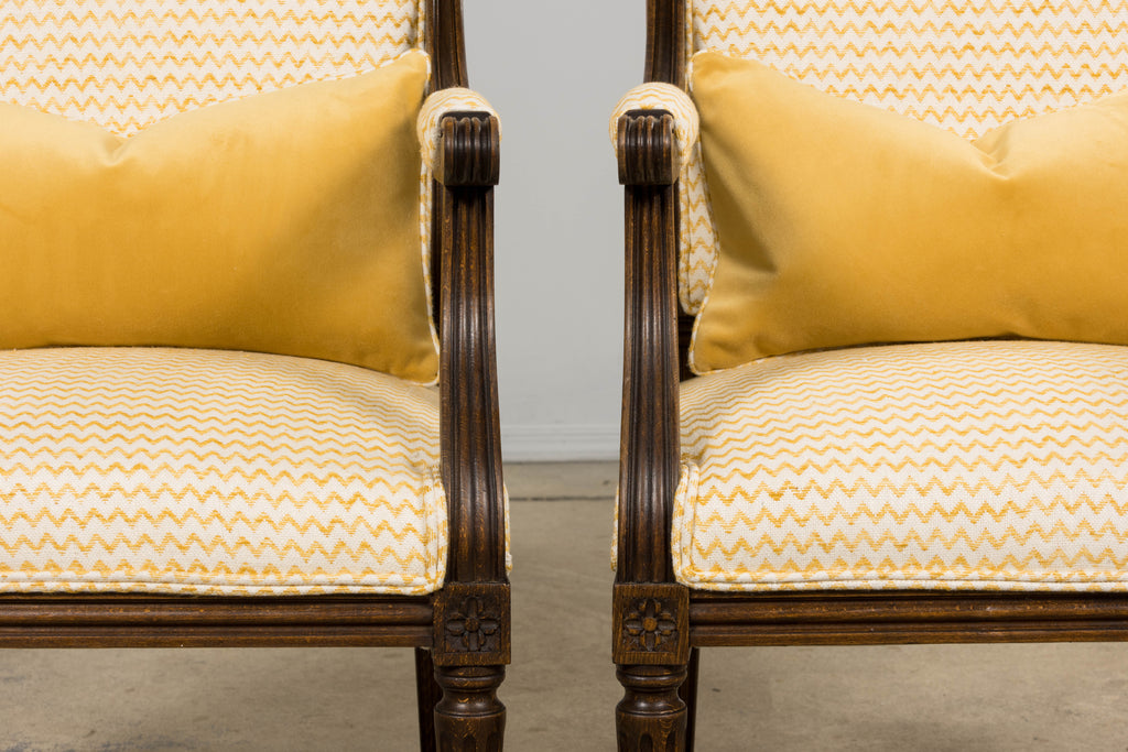 Antique French Louis XVI Style Walnut Armchairs in Yellow Linen - A Pair