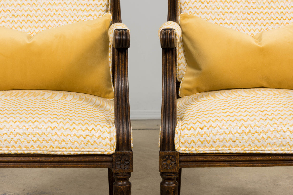 Antique French Louis XVI Style Walnut Armchairs in Yellow Linen - A Pair